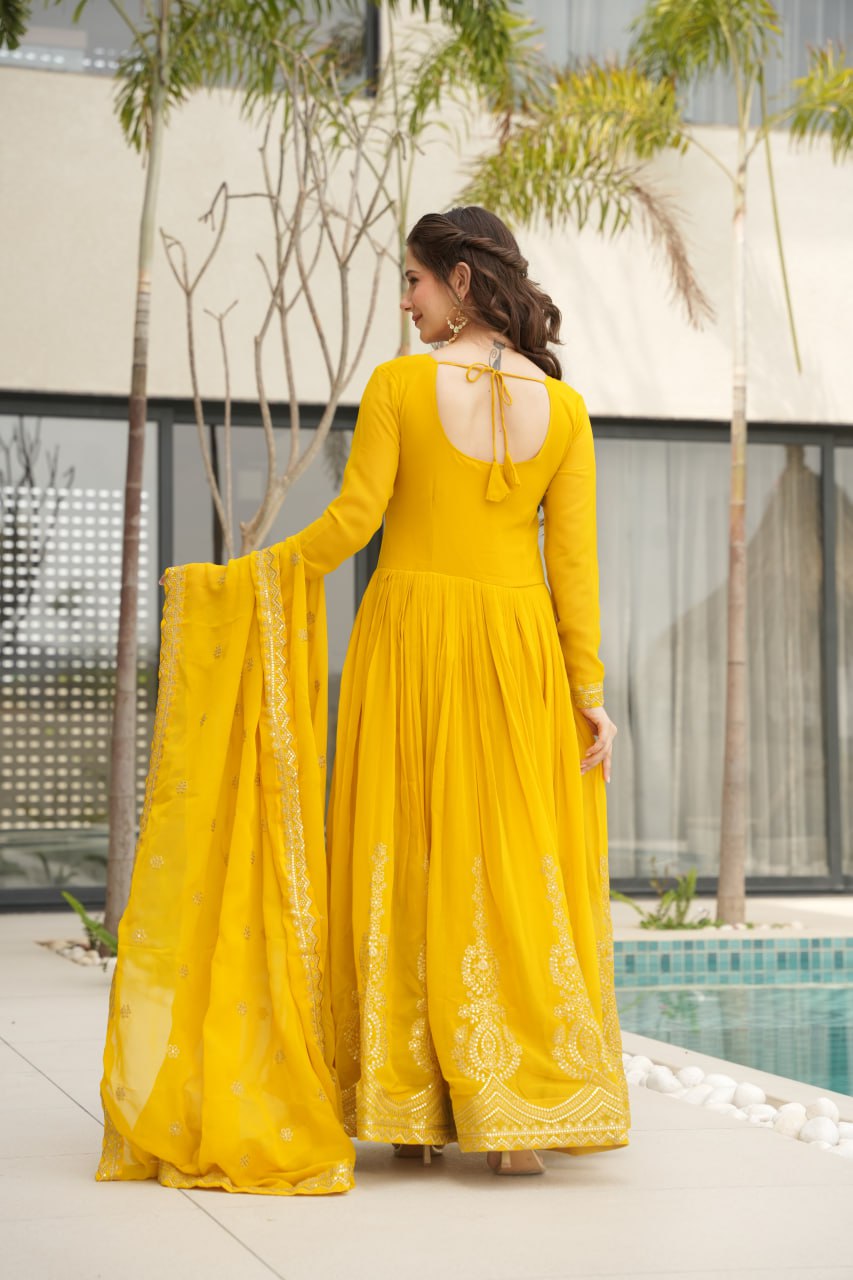Women's Radiant Red Anarkali Suit Set with Golden Zari & Sequin Embroidery – Perfect for Festive & Wedding Occasions - Image 2