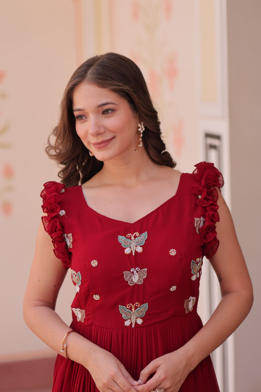 Women's Elegant Plum Purple Georgette Anarkali Gown with Butterfly Applique & Ruffle Sleeves – Festive & Special Occasion Wear - Image 13